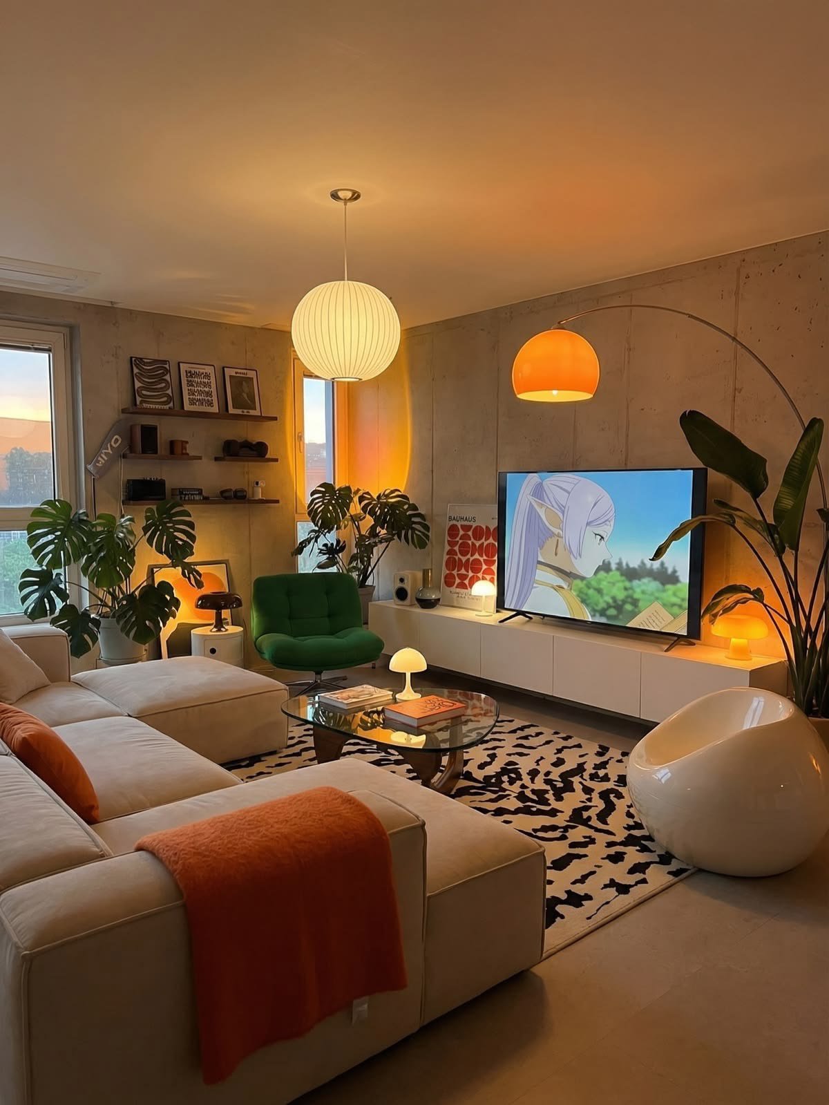 Bright apartment living room with a sofa and city view